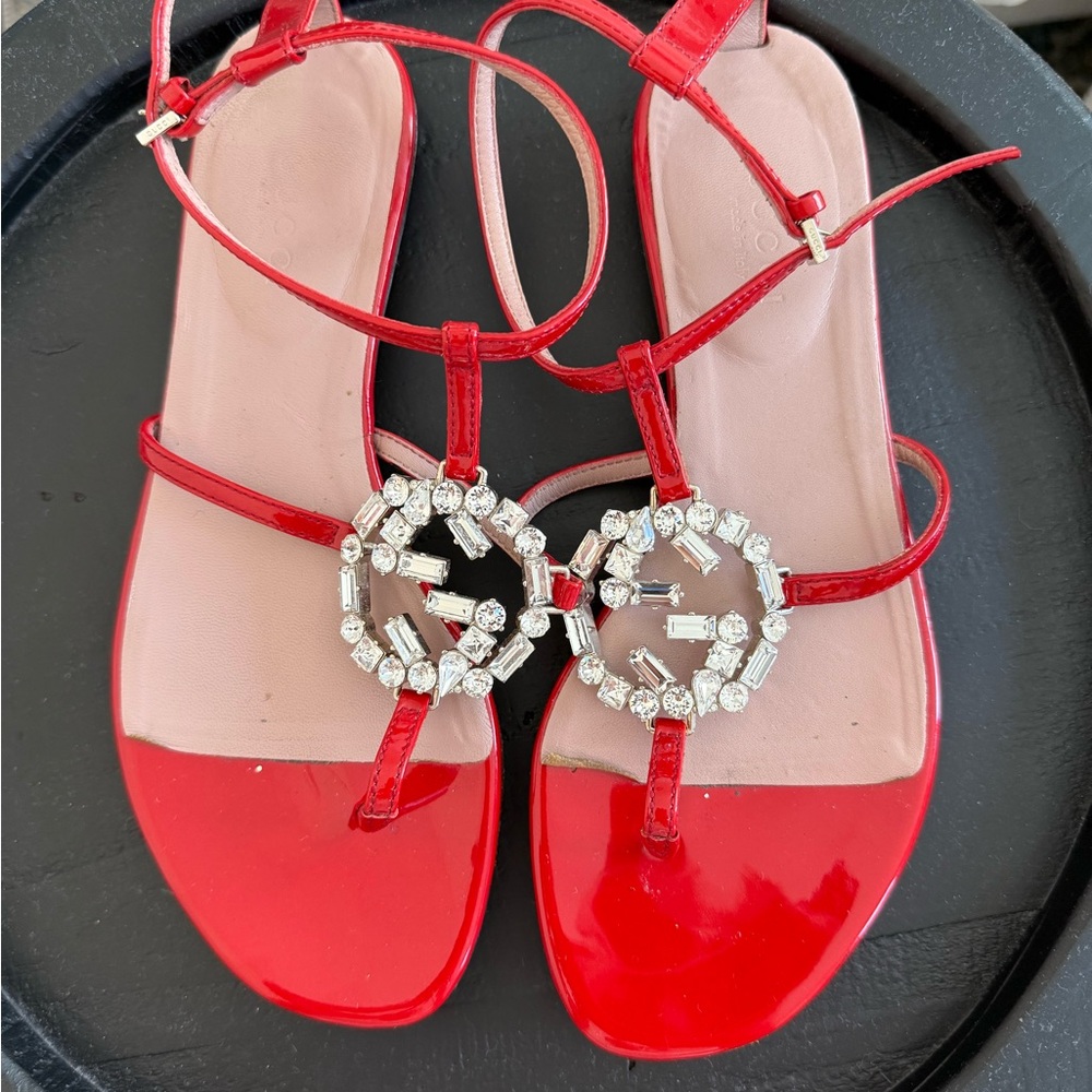 Gucci Red Patent GG Interlocking Crystal Embellished Red Sandal Size 35